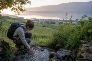 Hiker in quiet contemplation by a spring, vineyards and misty Lake Bourget in the background, early morning light, candid atmosphere