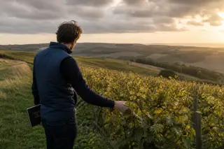 Solitary hiker with a wine journal explores a vineyard on the Pays de Caux plateau at golden hour, in a candid, natural moment overlooking rolling fields.