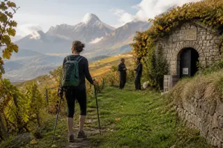 Nordic walker on a vineyard path in Haute-Savoie with distant Alps, old stone cellar and winemakers in soft morning light