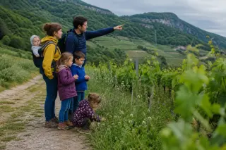 Family with children pausing to observe wildflowers along a vineyard path in the gentle hills of the Combe de Savoie, natural and candid atmosphere.