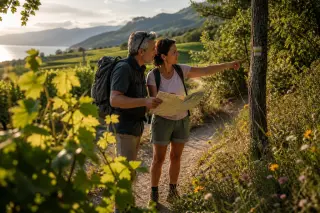 Couple consulting a hiking map beside a rural path through vineyards near Arbin, early evening light, natural and contemplative atmosphere