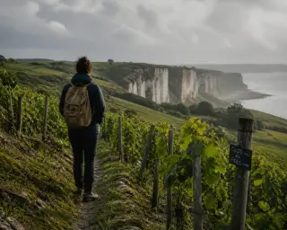 Hiker quietly admiring dramatic cliffs above vineyards on a tranquil Normandy path, under soft natural light with a sense of serene discovery.
