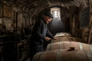 Elderly winemaker inspecting barrels in a rustic Savoyard wine cellar, with soft morning light highlighting stone walls and old bottles.