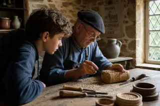 An elderly artisan teaching a teenager woodcraft in a rustic farmhouse kitchen, soft natural light highlighting their hands and attentive faces.