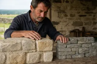 Local mason compares limestone and dry stone on a rustic table in a Normandy barn, natural daylight highlighting stone textures.