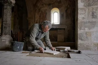 Elderly winemaker sharing wine with a young visitor in a historic stone cellar, sunlight filtering in softly, barrels and bottles in the background, intimate and authentic atmosphere.